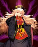  abusoru black_dress chinese_clothes dress energy fox_tail hand_on_own_face hat highres junko_(touhou) long_hair long_sleeves looking_at_viewer multiple_tails nail_polish orange_hair red_eyes sash smile solo tabard tail touhou wide_sleeves 