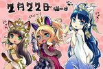  :3 :d ahoge animal_ears bangs bare_shoulders bastet_(p&amp;d) black_hair blonde_hair blue_eyes blue_hair blunt_bangs brown_hair capelet cat_day cat_ears cat_paws cat_tail checkered coin_(ornament) crown dark_skin dated denebola_(p&amp;d) detached_sleeves dress earrings egyptian eyebrows eyebrows_visible_through_hair fake_animal_ears fang fringe_trim from_side fur_trim gauntlets green_eyes hair_ribbon hair_tubes hairband head_wings headdress headphones heart highres isis_(p&amp;d) jewelry long_hair looking_at_viewer midriff miniskirt multiple_girls off_shoulder open_mouth paw_print paws pikomarie pink_background ponytail puzzle_&amp;_dragons ribbon sharp_teeth side_cutout skirt smile star tail teeth tress_ribbon very_long_hair white_dress white_skirt 