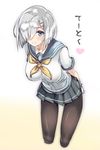  arms_behind_back black_legwear blue_eyes blush breasts gloves grey_skirt hair_ornament hair_over_one_eye hairclip hamakaze_(kantai_collection) heart highres holding_arm kantai_collection large_breasts leaning_forward looking_at_viewer neckerchief oi_ke pantyhose pleated_skirt school_uniform serafuku short_hair short_sleeves silver_hair simple_background skirt smile solo translated white_background white_gloves yellow_neckwear 