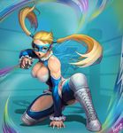  bare_shoulders blonde_hair blue_eyes blue_leotard boots breasts cleavage katoyo85 knee_pads large_breasts leotard long_hair mask muscle muscular_female rainbow_mika solo street_fighter street_fighter_v twintails wrestling_outfit 