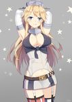  2016 :q armpits arms_behind_head artist_name belt belt_buckle blonde_hair blue_eyes blush breasts buckle cleavage clothes_writing cowboy_shot dated elbow_gloves front-tie_top garter_straps gloves grey_background headgear highres iowa_(kantai_collection) kantai_collection kauru00 large_breasts licking_lips light_smile long_hair looking_at_viewer microskirt mismatched_legwear navel signature skirt solo star star-shaped_pupils striped striped_legwear symbol-shaped_pupils thighhighs tongue tongue_out vertical-striped_legwear vertical-striped_skirt vertical_stripes white_gloves 
