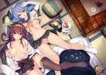  ahoge ass_visible_through_thighs blue_eyes blue_hair blush breasts breasts_apart brown_hair brown_legwear collarbone crop_top crop_top_overhang cup detached_sleeves double_bun elbow_gloves food futon gloves hairband hat headgear highres japanese_clothes kantai_collection kongou_(kantai_collection) kotatsu large_breasts long_hair looking_at_viewer lying multiple_girls navel nipples no_bra no_panties nontraditional_miko obiwan on_back open_clothes parted_lips pussy pussy_juice ribbon-trimmed_sleeves ribbon_trim school_uniform serafuku shirt_lift skirt stomach sushi table tatami teacup teapot thigh_gap tiered_tray urakaze_(kantai_collection) white_gloves white_hat white_legwear 