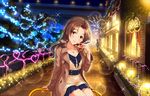  alternate_hairstyle artist_request bangs blush bracelet breasts brown_hair bush cleavage coat collarbone dress earrings eyebrows eyebrows_visible_through_hair gift hair_down holding holding_gift idolmaster idolmaster_cinderella_girls idolmaster_cinderella_girls_starlight_stage jewelry kawashima_mizuki lights long_hair long_sleeves looking_at_viewer medium_breasts necklace night official_art outdoors parted_bangs sitting smile solo tree yellow_eyes 