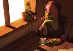  alisa_(razalor) borrowed_character breasts cleavage cup green_eyes green_skin highres hood hoodie john_doe long_hair medium_breasts original pink_hair plant potted_plant solo tea teacup 