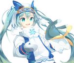  allos aqua_eyes aqua_hair bad_id bad_pixiv_id bunny goggles goggles_on_head green_hair hatsune_miku jumping long_hair mittens open_mouth simple_background twintails upper_body very_long_hair vocaloid white_background yuki_miku yukine_(vocaloid) 