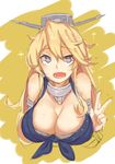  :d blonde_hair breasts cleavage grey_eyes headgear huge_breasts iowa_(kantai_collection) kantai_collection long_hair open_mouth smile solo star star-shaped_pupils symbol-shaped_pupils teeth v wulazula 