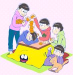  arm_support bowl_cut brothers brown_hair draw_two food fruit heart heart_in_mouth hood hoodie kotatsu male_focus mandarin_orange matsuno_choromatsu matsuno_ichimatsu matsuno_juushimatsu matsuno_karamatsu matsuno_osomatsu matsuno_todomatsu messy_hair multiple_boys osomatsu-kun osomatsu-san sextuplets siblings stacking sweatdrop table trembling under_kotatsu under_table 