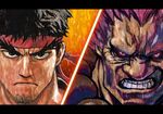  black_hair capcom column_lineup dark_skin glowing glowing_eyes gouki headband looking_at_viewer multiple_boys murata_yuusuke official_art ryuu_(street_fighter) street_fighter stubble thick_eyebrows 