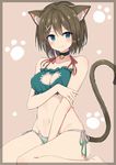  animal_ears bandeau bare_arms bare_legs bare_shoulders barefoot beige_background bell between_legs blue_eyes blush border bra breasts brown_border brown_hair cat_cutout cat_ear_panties cat_ears cat_lingerie cat_tail cleavage cleavage_cutout closed_mouth collarbone covered_nipples covering covering_crotch eyebrows eyebrows_visible_through_hair frown green_bra green_panties hair_ornament hand_between_legs hips holding_arm jingle_bell kantai_collection kemonomimi_mode looking_at_viewer maya_(kantai_collection) medium_breasts meme_attire nanananana navel panties paws red_ribbon remodel_(kantai_collection) ribbon short_hair side-tie_panties simple_background sitting solo stomach tail thighs tsurime underwear underwear_only wariza x_hair_ornament 