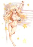  ;q ahoge american_flag american_flag_bikini arm_up barefoot bikini blonde_hair blue_eyes blush breasts clenched_hand cyzir_visheen flag flag_print highres iowa_(kantai_collection) kantai_collection large_breasts long_hair looking_at_viewer navel one_eye_closed solo star star-shaped_pupils swimsuit symbol-shaped_pupils thigh_gap tongue tongue_out v 