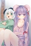  black_ribbon blue_ribbon breasts bun_cover collarbone double_bun duplicate green_eyes hair_bun hair_ribbon highres konpaku_youmu large_breasts long_hair long_sleeves looking_at_viewer multiple_girls nightgown nigo_(aozoragarou) open_mouth pajamas patchouli_knowledge purple_eyes purple_hair red_ribbon ribbon short_hair silver_hair sitting sleepover teeth touhou tress_ribbon very_long_hair 