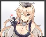  ;o bare_shoulders black_gloves blonde_hair blown_kiss breasts buttons cleavage commentary detached_sleeves fingerless_gloves gloves grey_eyes hair_between_eyes headgear heart iowa_(kantai_collection) kantai_collection large_breasts long_hair looking_at_viewer one_eye_closed open_mouth solo star star-shaped_pupils symbol-shaped_pupils yukichi_(eikichi) 