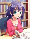  :o book bookshelf bow breasts cleavage green_eyes library long_hair long_sleeves looking_at_viewer mechanical_pencil medium_breasts nurutema open_book original parted_lips pencil purple_hair red_shirt ribbon shirt solo tareme twintails writing yellow_bow 