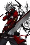  absurdres belt black_gloves blazblue blazblue_insignia crest early_type fighting_stance gloves glowing glowing_eye green_eyes heterochromia high_collar highres jacket male_focus multiple_belts ragna_the_bloodedge red_eyes red_jacket reverse_grip silver_hair solo spiked_hair sword weapon 