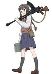  ammo_box black_hair blue_eyes blue_skirt bow braid brown_footwear brown_hair canteen carrying_over_shoulder firearm gun highres light_machine_gun machine_gun millimeter open_mouth original red_bow school_uniform shirt shoes skirt sling socks solo sweater_vest type_99_light_machine_gun upotte!! weapon white_shirt 