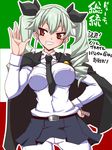  anchovy anzio_school_uniform belt black_cape black_neckwear breasts brown_eyes cape drill_hair flag_background girls_und_panzer green_hair hair_ribbon italian_flag large_breasts long_hair long_sleeves looking_to_the_side necktie pantyhose ribbon riding_crop sako_(bosscoffee) school_uniform skirt smile solo translation_request twin_drills twintails uniform white_legwear 