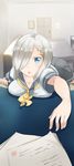  :o blue_eyes blurry breast_rest breasts comah couch depth_of_field door hair_ornament hair_over_one_eye hairclip hamakaze_(kantai_collection) indoors kantai_collection large_breasts looking_at_viewer neckerchief no_gloves no_legwear open_mouth papers pleated_skirt school_uniform serafuku short_hair short_sleeves silver_hair skirt solo table v-shaped_eyebrows yellow_neckwear 