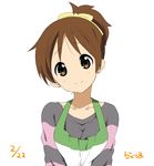  apron birthday bow breasts brown_eyes brown_hair collarbone commentary dated hair_bow high_ponytail hirasawa_ui k-on! looking_at_viewer medium_breasts official_style ragho_no_erika shirt short_ponytail smile solo striped striped_shirt upper_body white_background 