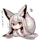  1girl absurdly_long_hair animal_ear_fluff animal_ears bangs barefoot bendy_straw blush chibi closed_mouth dated drinking drinking_straw eyebrows_visible_through_hair fox_ears fox_girl fox_tail full_body hair_between_eyes japanese_clothes juice_box kimono long_hair looking_at_viewer original patches red_eyes signature silver_hair simple_background sitting solo tail very_long_hair white_background white_kimono yuuji_(yukimimi) 