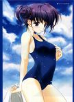  absurdres bare_shoulders blue_sky blush cloud day double_bun highres himeyuri_ruri nakamura_takeshi non-web_source old_school_swimsuit one-piece_swimsuit purple_eyes school_swimsuit sky solo swimsuit to_heart_2 to_heart_2_xrated towel 