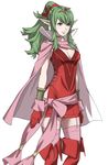  bracelet breasts cape chiki choker cleavage crown dress fire_emblem fire_emblem:_kakusei garter_straps gloves green_eyes green_hair hair_ornament hair_ribbon highres jewelry long_hair mamkute medium_breasts official_art pink_legwear pointy_ears project_x_zone_2 red_dress red_gloves ribbon sash short_dress simple_background solo thighhighs white_background zettai_ryouiki 
