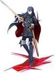  blue_eyes blue_gloves blue_hair cape falchion_(fire_emblem) fingerless_gloves fire_emblem fire_emblem:_kakusei gloves highres holding holding_sword holding_weapon jewelry long_hair looking_at_viewer lucina project_x_zone_2 simple_background solo sword thighhighs tiara weapon white_background 