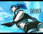  403_(artist) blue_eyes blue_hair crop_top gloves jewelry leona_heidern long_hair midriff muscle navel ponytail shorts solo the_king_of_fighters 