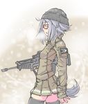  2016 assault_rifle beanie breath bullpup fang glasses green_jacket green_skirt gun hat hexagram highres holding holding_weapon imi_tavor_tar-21 jacket jarv jarvy-ca military_jacket olive_drab_green_(camo) original patch purple_hair red-framed_eyewear rifle short_hair skirt solo standing star_of_david suppressor tail tavor_ar_(upotte!!) thighhighs trigger_discipline upotte!! weapon yellow_eyes zettai_ryouiki zipper zipper_pull_tab 