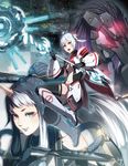  2girls akikazu_mizuno black_hair black_legwear blue_eyes boots dark_falz_persona edea_cluster gloves hair_ornament helmet heterochromia horn japanese_clothes knee_boots looking_at_viewer matoi_(pso2) multicolored_hair multiple_girls open_mouth phantasy_star phantasy_star_online_2 red_eyes silver_hair staff sukunahime twintails weapon white_footwear white_hair 