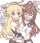  2girls :d ahoge bags_under_eyes bare_shoulders blonde_hair blue_eyes blush brown_hair embarrassed english female fingerless_gloves gloves heart heart_in_mouth highres hug iowa_(kantai_collection) japanese_clothes kantai_collection kongou_(kantai_collection) kvlen long_hair looking_at_another multiple_girls open_mouth profanity shy smile star star-shaped_pupils sweat symbol-shaped_pupils talking wavy_mouth yuri 