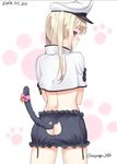  2016 artist_name asahina_hikage ass ass_cutout back behind_back bell black_bra black_gloves blonde_hair blush bra bra_on_ass bra_on_hips capelet cat_cutout cat_lingerie cat_tail dated gloves graf_zeppelin_(kantai_collection) hat kantai_collection kemonomimi_mode long_hair meme_attire military_hat paw_print pink_eyes purple_eyes ribbon solo tail tail_bell tail_ribbon tail_slit_clothes twintails underwear wardrobe_error 