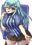  ;d aqua_eyes aqua_hair bespectacled blue-framed_eyewear blue_eyes blush breasts brown_legwear employee_uniform glasses hair_ornament hairclip hand_in_hair head_tilt kantai_collection large_breasts lawson long_hair looking_at_viewer name_tag one_eye_closed open_mouth shinshin shirt short_sleeves simple_background smile solo standing striped striped_shirt suzuya_(kantai_collection) text_focus thighhighs uniform vertical-striped_shirt vertical_stripes very_long_hair white_background zettai_ryouiki 