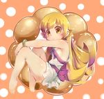  :t bakemonogatari barefoot blonde_hair blush_stickers bracelet doughnut dress food hand_on_own_knee jewelry long_hair looking_at_viewer monogatari_(series) oshino_shinobu pon_de_ring solo yaibaken yellow_eyes 