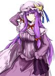 bad_id bad_pixiv_id blue_bow blue_ribbon bow breasts crescent crescent_hair_ornament dress frilled_sleeves frills hair_ornament hair_ribbon hand_on_headwear hat hat_ribbon kan_(aaaaari35) large_breasts long_hair long_sleeves mob_cap pajamas patchouli_knowledge purple_eyes purple_hair red_bow red_ribbon ribbon simple_background sketch solo striped striped_dress touhou upper_body white_background 