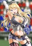  ;d armpits bad_id bad_pixiv_id blonde_hair blue_eyes breasts cleavage garter_straps iowa_(kantai_collection) kantai_collection kasugano_tobari large_breasts long_hair miniskirt one_eye_closed open_mouth pom_poms skirt smile solo thighhighs 
