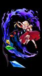  ascot black_background blonde_hair crystal fire flandre_scarlet flying frilled_skirt frills hand_on_own_chest hat hat_ribbon jpeg_artifacts magic mary_janes mob_cap outstretched_arm red_eyes red_skirt ribbon shoes short_hair short_sleeves side_ponytail skirt solo touhou wings yuri_(anachronic) 