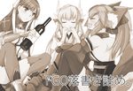  black_legwear bottle closed_eyes commentary_request drinking fate/grand_order fate_(series) fox_ears greyscale kiyohime_(fate/grand_order) monochrome multiple_girls open_mouth paws saint_martha tamamo_(fate)_(all) tamamo_cat_(fate) teramoto_kaoru thighhighs translation_request wine_bottle 