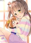  blush brown_eyes brown_hair doll female happy hood hoodie kousaka_honoka long_hair love_live!_school_idol_project minami_kotori miu91_(miu91_) miyukichi multiple_girls orange_hair ribbon short_hair shorts side_tail 