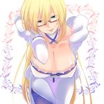  adjusting_hair bad_id bad_pixiv_id bespectacled blonde_hair blue_eyes breasts cleavage collarbone commentary_request dress fishnet_pantyhose fishnets glasses gunslinger_stratos hanging_breasts large_breasts long_hair looking_at_viewer nami_(snow) olga_janetine pantyhose red-framed_eyewear semi-rimless_eyewear smile solo very_long_hair white_dress 
