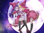  :d arakawa_hiyori asahina_mirai black_legwear blonde_hair blush bow broom broom_riding full_body full_moon hat hat_bow izayoi_liko kneehighs long_hair looking_at_another magic_school_uniform mahou_girls_precure! mary_janes moon multiple_girls multiple_riders open_mouth pink_skirt plaid plaid_bow precure purple_background purple_eyes purple_hair red_footwear red_hat shirt shoes short_hair sidesaddle skirt smile white_shirt witch_hat 