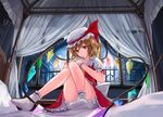  :| arch ascot bangs bare_legs bed bed_sheet blanket blonde_hair bloomers blush canopy_bed closed_mouth convenient_censoring crystal curtains demon_wings dress fence flandre_scarlet frilled_shirt_collar frills full_body hands_on_own_chest hat hat_ribbon head_tilt indoors knees_together_feet_apart knees_up light_rays looking_at_viewer mansion md5_mismatch mob_cap muireko no_shoes on_bed pillow puffy_short_sleeves puffy_sleeves red_dress red_eyes red_ribbon ribbon scarlet_devil_mansion see-through short_sleeves socks solo thighs touhou underwear white_hat white_legwear window wings wrist_cuffs 