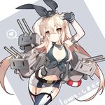  alternate_costume blonde_hair brown_eyes caramelldansen character_name cosplay cowboy_shot creator_connection fingerless_gloves gloves hairband heart iowa_(kantai_collection) iowa_(kantai_collection)_(cosplay) kantai_collection long_hair microskirt navel rensouhou-chan saru shimakaze_(kantai_collection) skirt spoken_heart turret very_long_hair 