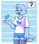  2019 4_fingers ? anthro avian bds17 beak biped bird blue_background blue_eyes blue_feathers breasts clothed clothing confusion eyelashes feathers female logo pattern_background pictographics shirt shorts signature simple_background solo striped_background tweetfur twitter white_background 