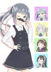  &gt;_&lt; ahoge asashimo_(kantai_collection) ashigara_(kantai_collection) belt black_hair blouse blue_hair blush bow bowtie brown_eyes brown_hair buttons camera closed_eyes dress facial_hair fake_facial_hair fake_mustache glasses gloves grey_eyes grey_hair grin hair_ornament hair_over_one_eye hair_ribbon hairband hamuzora hand_on_hip headband kantai_collection kasumi_(kantai_collection) kiyoshimo_(kantai_collection) long_hair long_sleeves looking_at_viewer low_twintails multicolored_hair multiple_girls mustache one_eye_closed ooyodo_(kantai_collection) open_mouth pinafore_dress ponytail puffy_short_sleeves puffy_sleeves remodel_(kantai_collection) ribbon school_uniform semi-rimless_eyewear serafuku short_sleeves side_ponytail silver_hair sleeveless sleeveless_dress smile thumbs_up twintails white_blouse 