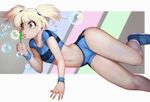  1girl adapted_costume blonde_hair blue_eyes bubble_wand bubbles bubbles_(ppg) cartoon_network crop_top navel powerpuff_girls short_shorts short_twintails sneakers solo stomach twintails villagerandy_rand wristband 
