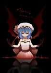  &gt;:) alternate_costume bare_shoulders bat_wings black_gloves blood blue_hair character_name commentary_request dress frilled_shirt_collar frills gloves hat hat_ribbon highres jewelry looking_at_viewer mob_cap nami_(snow) necklace pool_of_blood red_eyes red_ribbon reflecting_pool remilia_scarlet ribbon shaded_face short_hair smile solo touhou tsurime v-shaped_eyebrows white_dress wings 