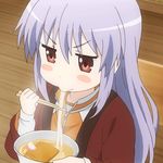  animated animated_gif blush_stickers chopsticks eating food grey_hair liquid long_hair miso_soup miyauchi_renge non-web_source non_non_biyori noodles orange_shirt pout purple_hair ramen red_eyes red_sweater screencap shirt solo sweater udon upper_body visible_ears 