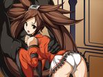  1boy 1girl abunai_zeiniku arc_system_works ass bare_shoulders bent_over breasts brown_eyes brown_hair chinese_clothes detached_sleeves dress from_behind guilty_gear guilty_gear_xrd guilty_gear_xrd:_revelator hair_ornament kuradoberi_jam leaning leaning_forward long_hair miniskirt open_mouth panties shiny shiny_hair shiny_skin skirt underwear upskirt very_long_hair white_panties 