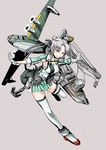  ahoge aircraft airplane akitsushima_(kantai_collection) anchor anchor_hair_ornament breasts cannon earrings flying_boat gloves grey_hair hair_ornament hair_ribbon hat jacket jewelry kamizono_(spookyhouse) kantai_collection large_breasts long_hair machinery miniskirt nishikitaitei-chan outstretched_arms pleated_skirt ribbon seaplane side_ponytail sidelocks silver_eyes silver_hair skirt smile solo spread_arms thighhighs turret uniform weapon white_gloves white_legwear zettai_ryouiki 