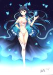  absurdres black_hair blue_eyes blue_hair breasts bug butterfly butterfly_hair_ornament choker cleavage gogatsu_fukuin hair_ornament hand_on_hip highres insect long_hair looking_at_viewer medium_breasts multicolored_hair nie_xiaoqian revealing_clothes sangai_senki smile solo standing two-tone_hair 
